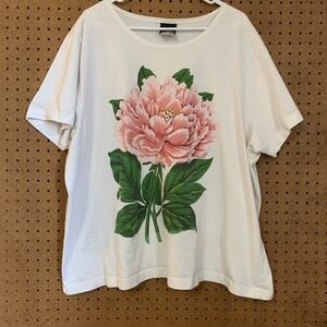 Stefano Basics White TShirt Big Pink Peony Flower Graphic 26/28 Cottage Coquette